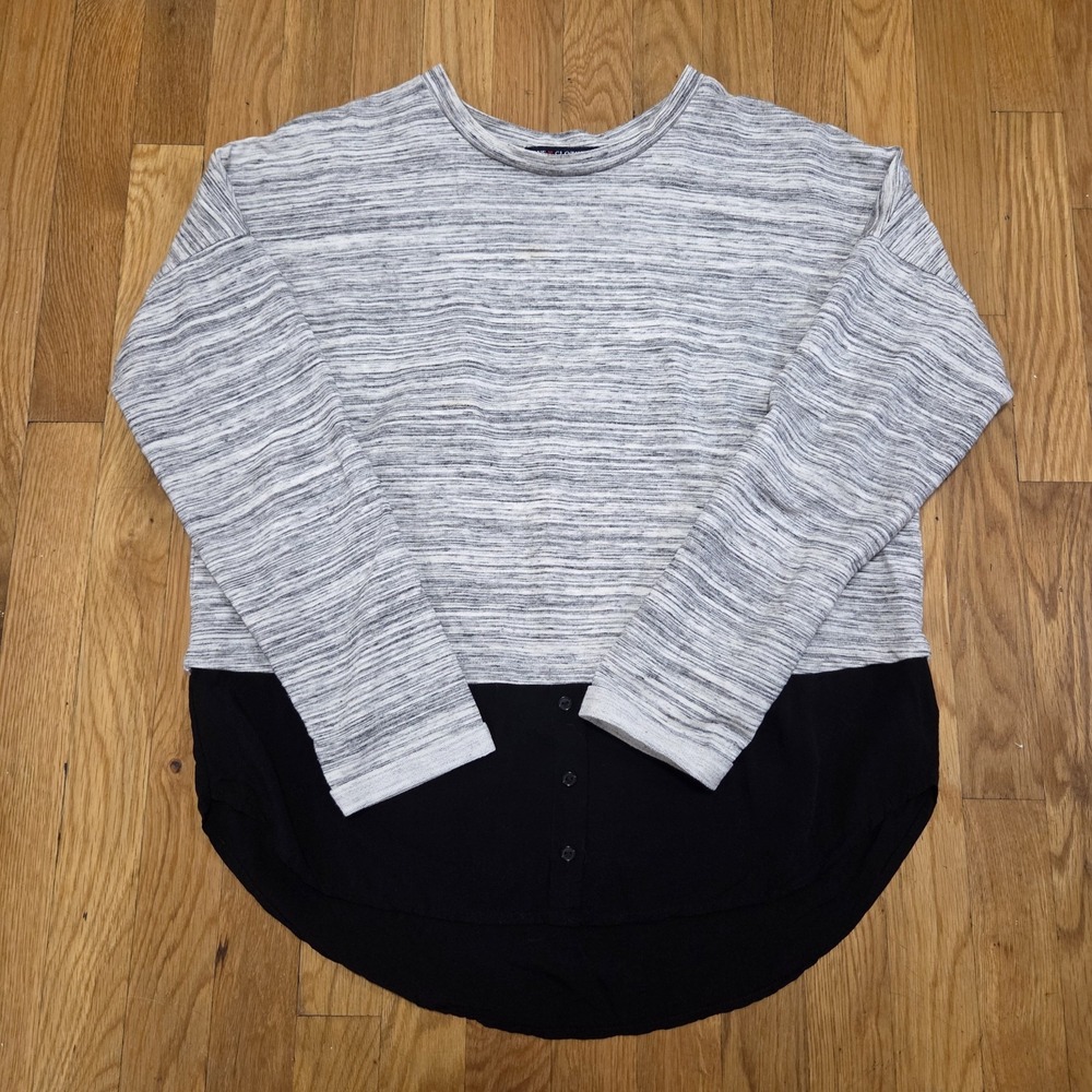 One‎ Love Clothing Womens Ombre Sheer Sweatshirt Dress Shirt Blouse Gray Black L